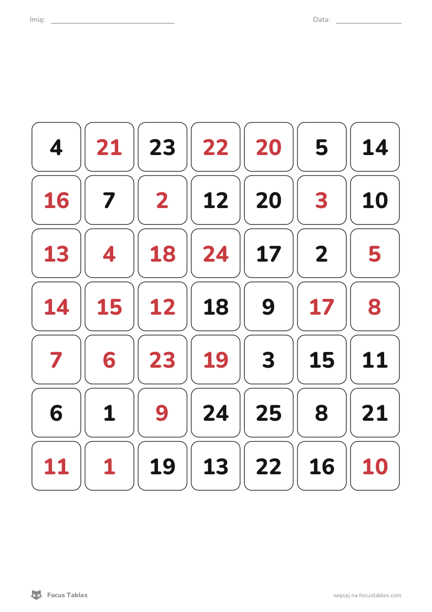 Gorbov-Schulte-Tabelle 7×7 zum Ausdrucken (PDF) - rot-schwarz